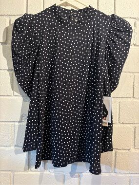 Anthropologie Navy and White Polka Dot Puff Sleeve Blouse
